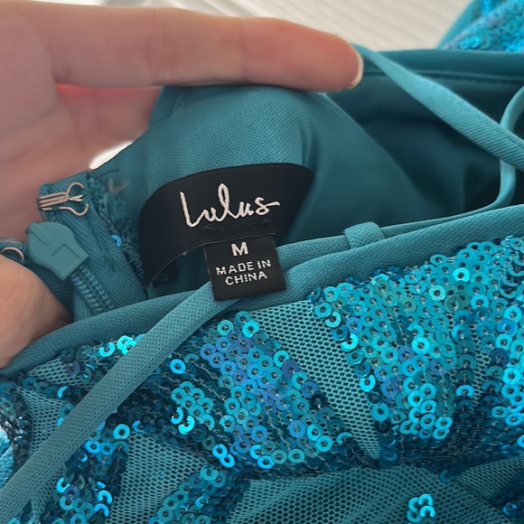 LULUS PROM DRESS - Sparkle 'til Dawn Teal Blue Sequin Lace-Up Mermaid Maxi Dress - Picture 10 of 11